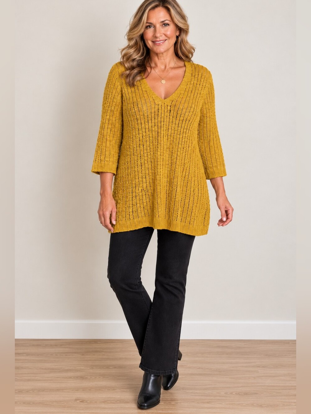 J.Jill Mustard Gold Open Knit V-Neck Tunic Sweater XL A390